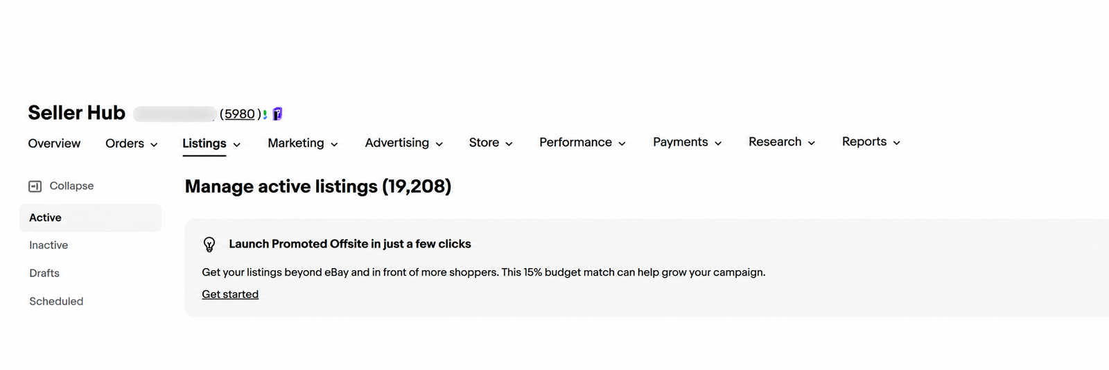 eBay Seller Hub showing 19,208 active listings